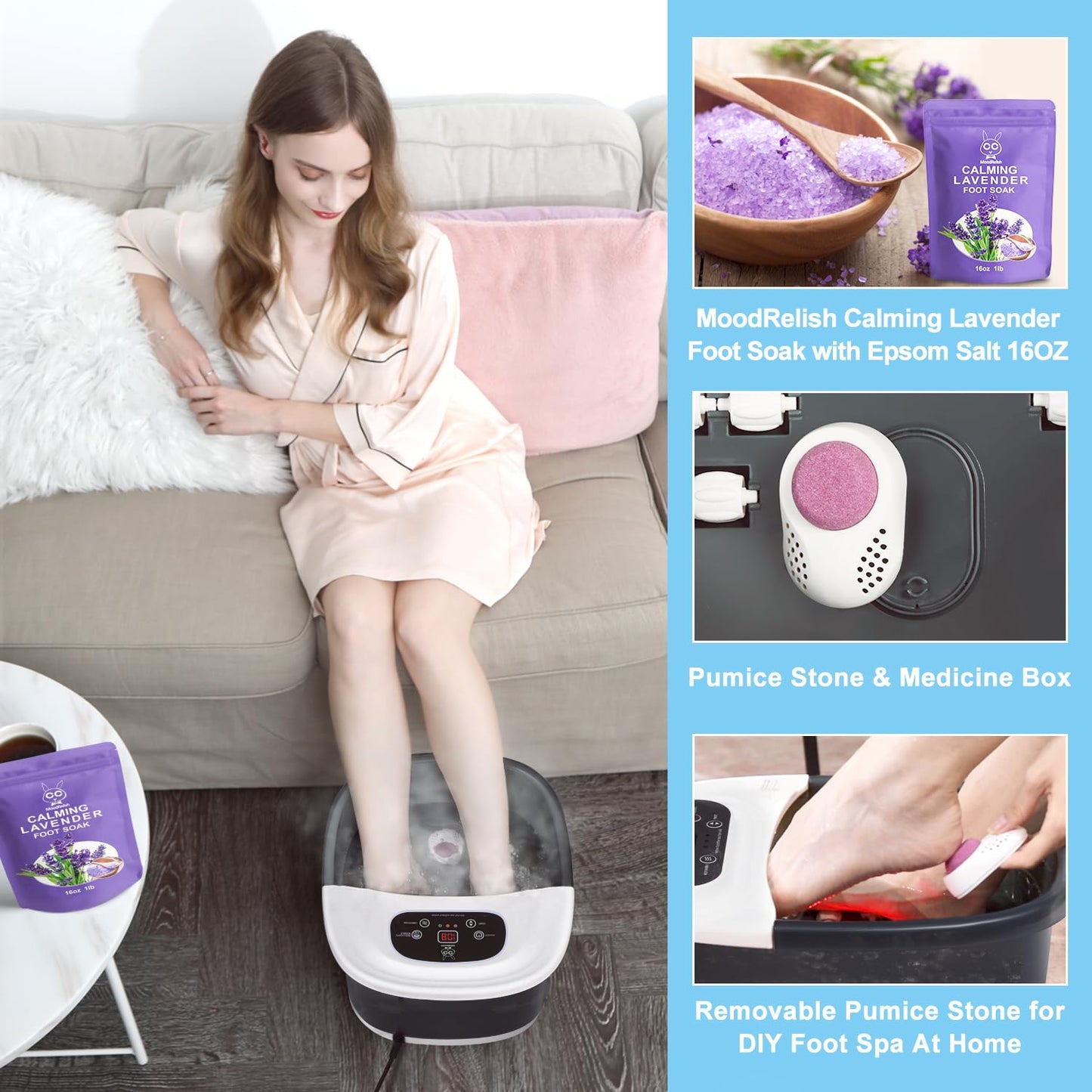 Foot Spa Bath Massager with Heat Bubbles and Vibration Massage and Jets, 16 OZ Calming Lavender Foot Soak Epsom Salt, MoodRelish Foot Soaker with Red Light, 22 Massage Rollers, Adjustable Temp - Black