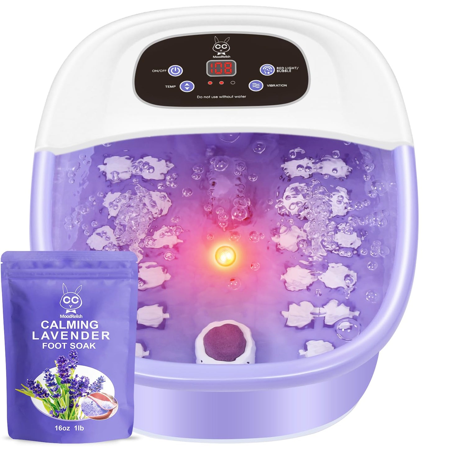 Foot Spa Bath Massager with Heat Bubbles and Vibration Massage and Jets, 16 OZ Calming Lavender Foot Soak Epsom Salt, MoodRelish Foot Soaker with Red Light, 22 Massage Rollers, Adjustable Temp - Black