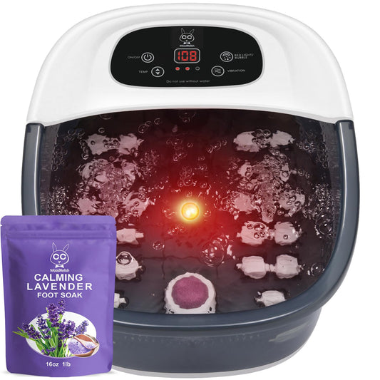 Foot Spa Bath Massager with Heat Bubbles and Vibration Massage and Jets, 16 OZ Calming Lavender Foot Soak Epsom Salt, MoodRelish Foot Soaker with Red Light, 22 Massage Rollers, Adjustable Temp - Black