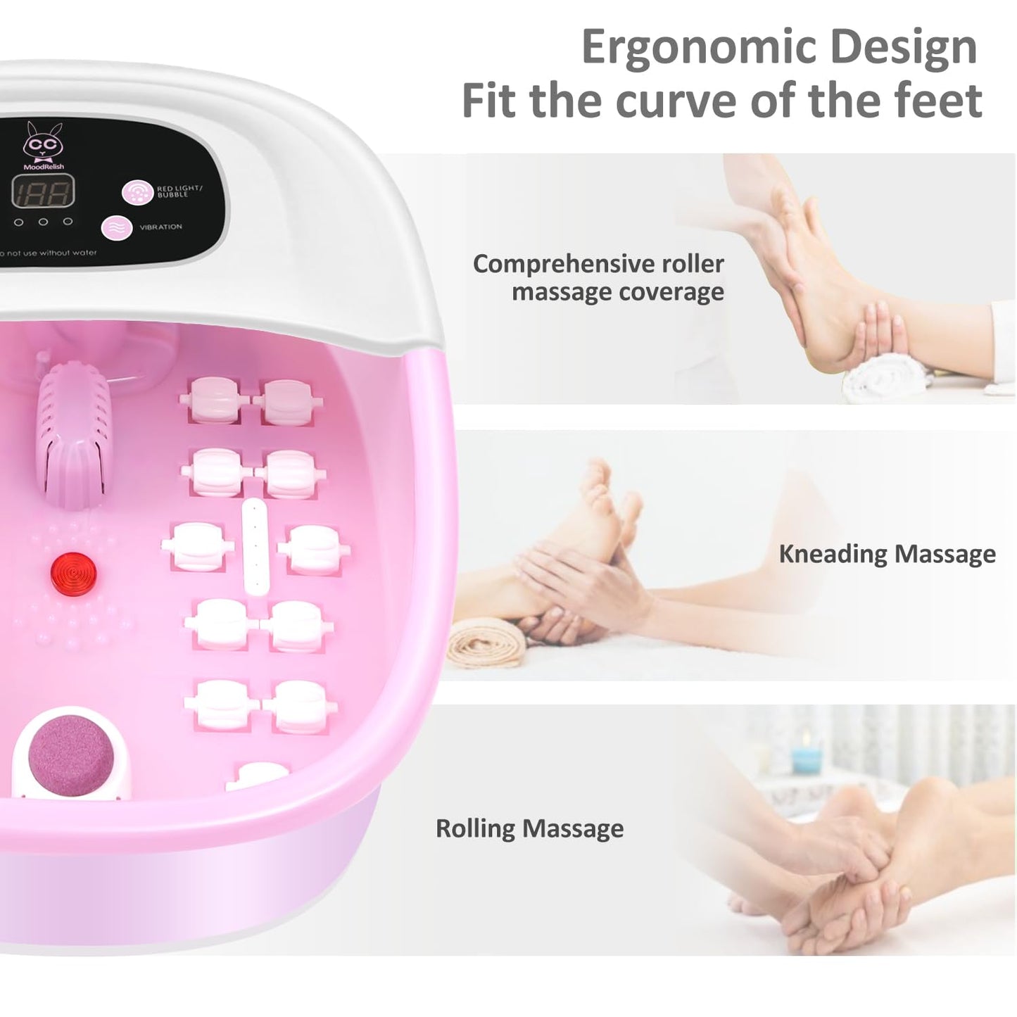 Foot Spa Bath Massager with Heat Bubbles and Vibration Massage and Jets, 16 OZ Calming Lavender Foot Soak Epsom Salt, MoodRelish Foot Soaker with Red Light, 22 Massage Rollers, Adjustable Temp - Black