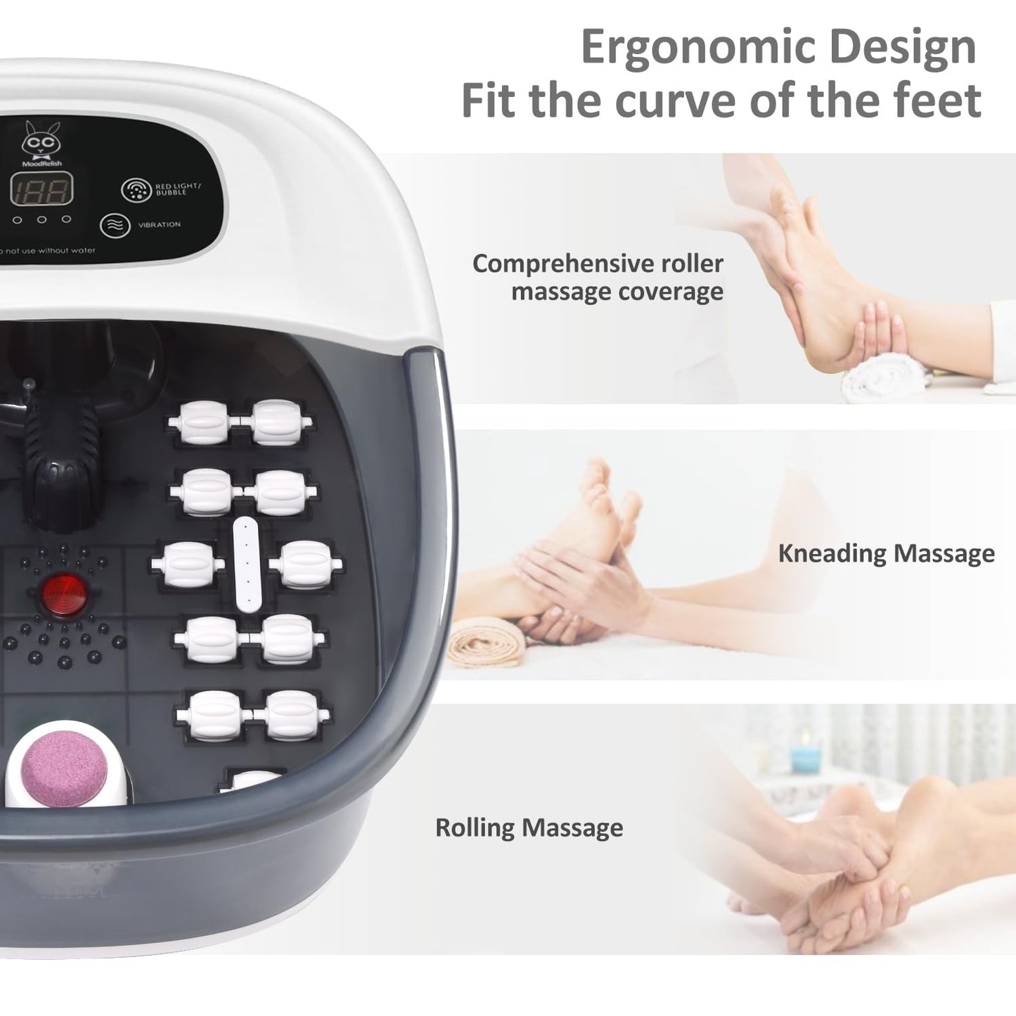 Foot Spa Bath Massager with Heat Bubbles and Vibration Massage and Jets, 16 OZ Calming Lavender Foot Soak Epsom Salt, MoodRelish Foot Soaker with Red Light, 22 Massage Rollers, Adjustable Temp - Black