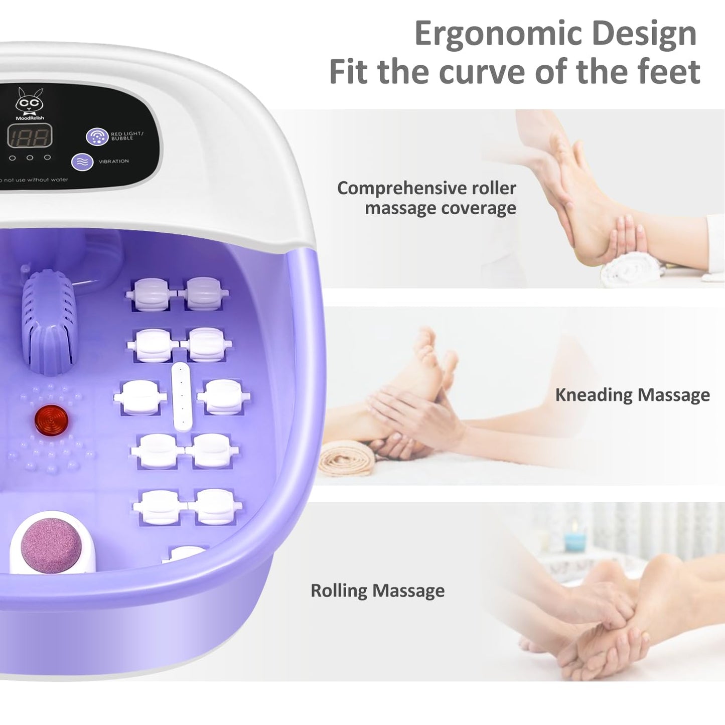 Foot Spa Bath Massager with Heat Bubbles and Vibration Massage and Jets, 16 OZ Calming Lavender Foot Soak Epsom Salt, MoodRelish Foot Soaker with Red Light, 22 Massage Rollers, Adjustable Temp - Black