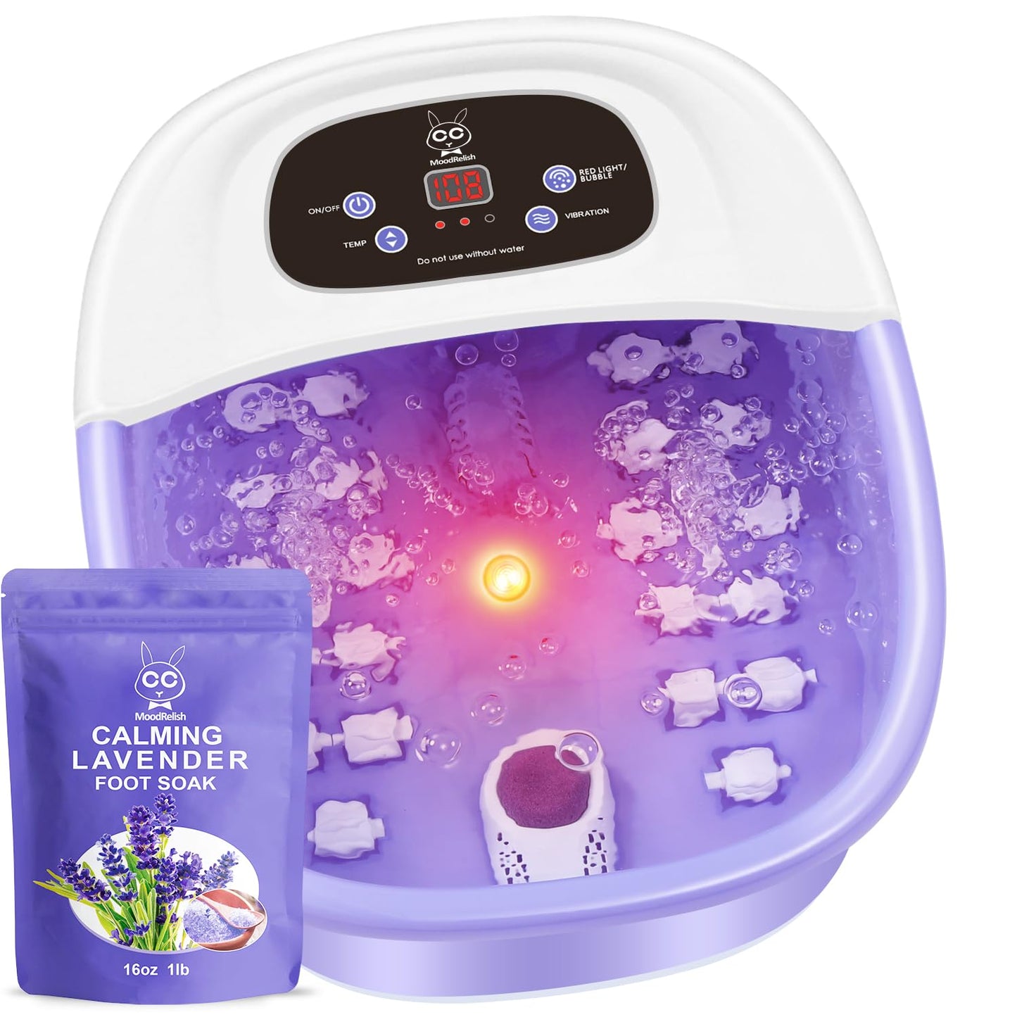 Foot Spa Bath Massager with Heat Bubbles and Vibration Massage and Jets, 16 OZ Calming Lavender Foot Soak Epsom Salt, MoodRelish Foot Soaker with Red Light, 22 Massage Rollers, Adjustable Temp - Black