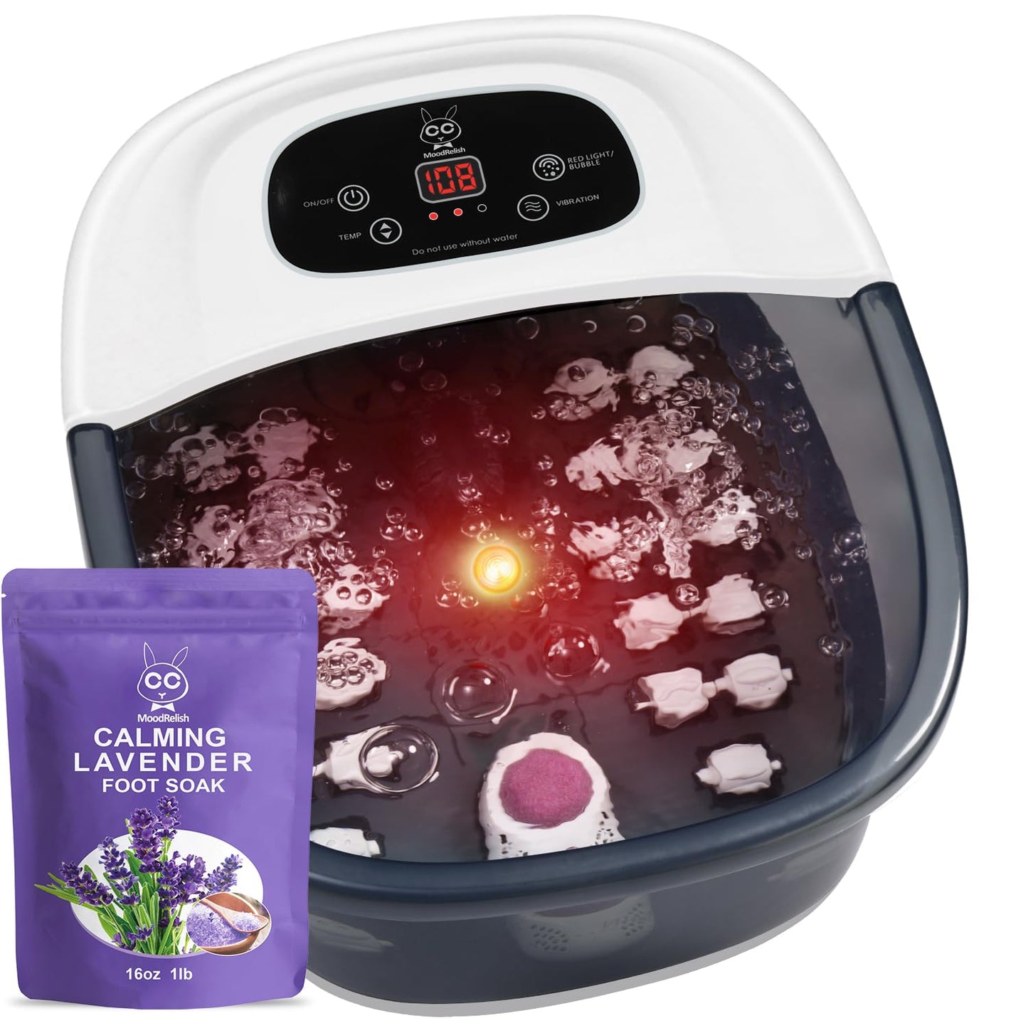 Foot Spa Bath Massager with Heat Bubbles and Vibration Massage and Jets, 16 OZ Calming Lavender Foot Soak Epsom Salt, MoodRelish Foot Soaker with Red Light, 22 Massage Rollers, Adjustable Temp - Black