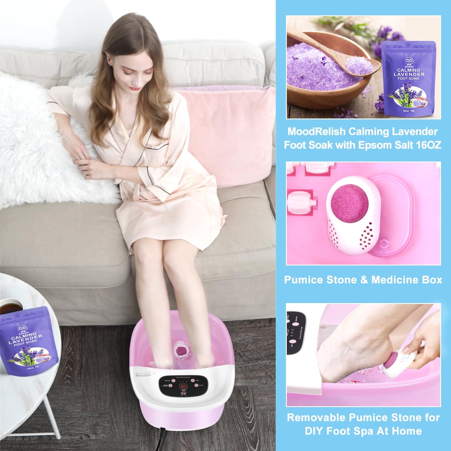 Foot Spa Bath Massager with Heat Bubbles and Vibration Massage and Jets, 16 OZ Calming Lavender Foot Soak Epsom Salt, MoodRelish Foot Soaker with Red Light, 22 Massage Rollers, Adjustable Temp - Black