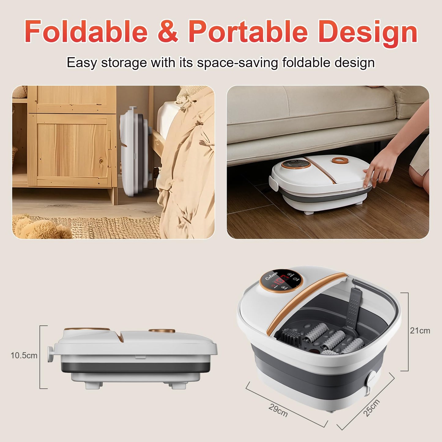 Collapsible Foot Spa Bath with Heat,Foot Massager with Two Side Supports,Leakage Protector,Temperature Control,Bubbles,Red Light,Timer,Feet Spa Tub,Feet Soaker,Gifts (Black)