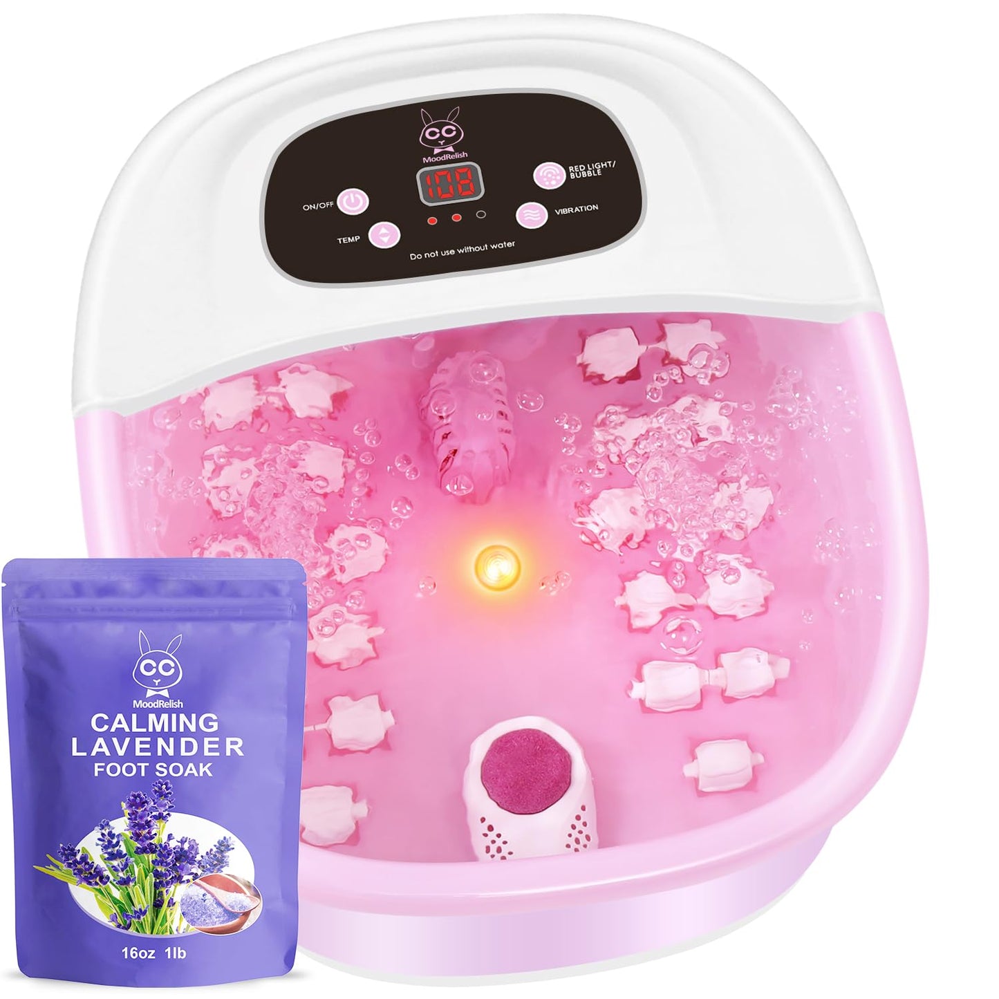 Foot Spa Bath Massager with Heat Bubbles and Vibration Massage and Jets, 16 OZ Calming Lavender Foot Soak Epsom Salt, MoodRelish Foot Soaker with Red Light, 22 Massage Rollers, Adjustable Temp - Black