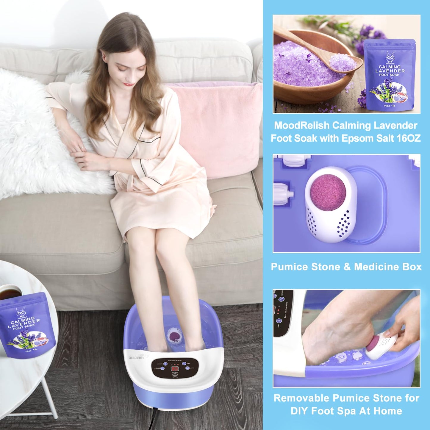 Foot Spa Bath Massager with Heat Bubbles and Vibration Massage and Jets, 16 OZ Calming Lavender Foot Soak Epsom Salt, MoodRelish Foot Soaker with Red Light, 22 Massage Rollers, Adjustable Temp - Black