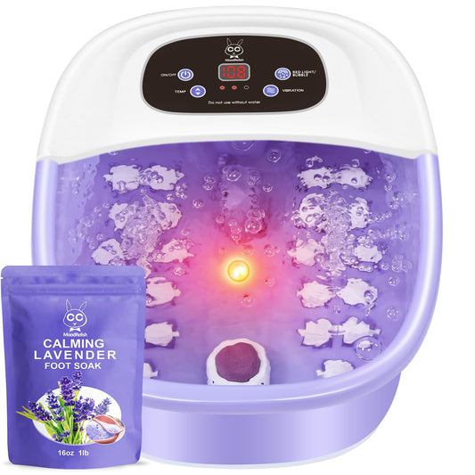 Foot Spa Bath Massager with Heat Bubbles and Vibration Massage and Jets, 16 OZ Calming Lavender Foot Soak Epsom Salt, MoodRelish Foot Soaker with Red Light, 22 Massage Rollers, Adjustable Temp - Black