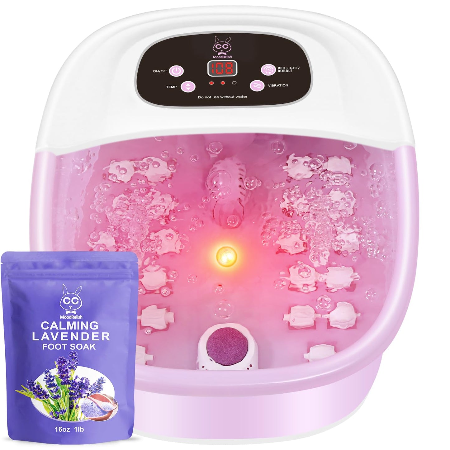 Foot Spa Bath Massager with Heat Bubbles and Vibration Massage and Jets, 16 OZ Calming Lavender Foot Soak Epsom Salt, MoodRelish Foot Soaker with Red Light, 22 Massage Rollers, Adjustable Temp - Black