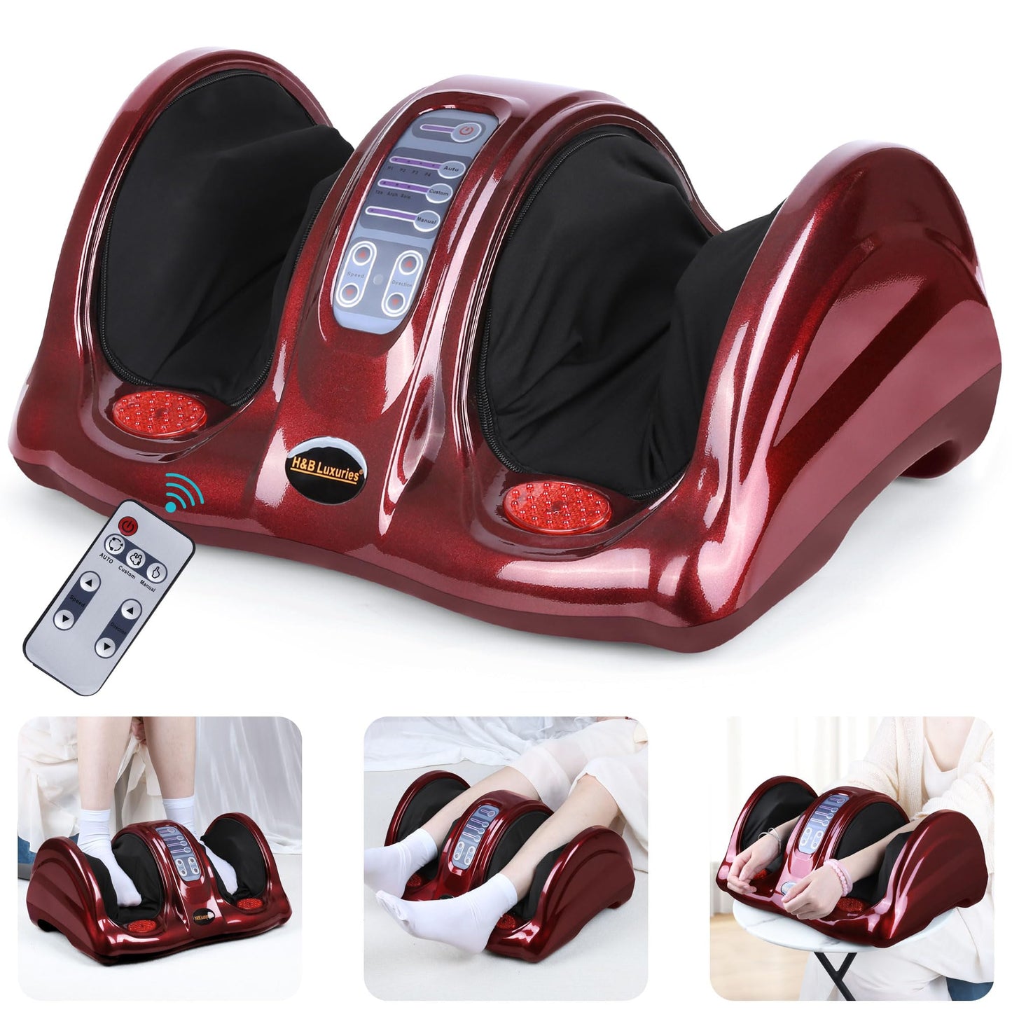 H&B Luxuries Shiatsu Foot Massager Machine with Remote Controller, Kneading and Rolling Home Massagers for Feet, Ankle, Calf, Leg, Ideally for Men, Women, Father, Mom Parents and The Elderly, Red